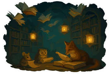 Whimsical Library Fantasy. Dreamlike mind library with flying books, glowing lanterns of memory, and curious animals reading
