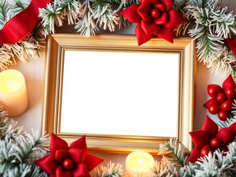 Golden frame with holiday greenery, red flowers, and warm candles