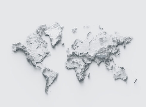 World Map Gray And White Shaded Relief Textured Map On White Background 3D Illustration