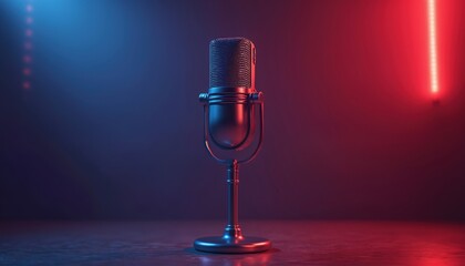 Retro microphone with vintage design sits on stand under dramatic red and blue neon lighting. Professional studio audio equipment ready for voice recording performance.
