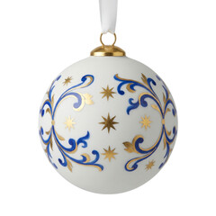 Ceramic Christmas Tree Ornament with Blue and Gold Swirls on transparent background