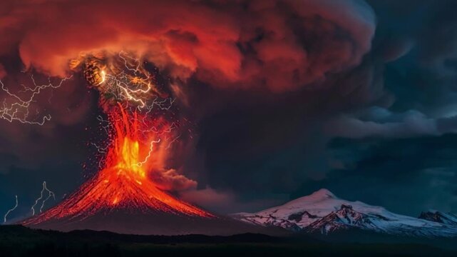 Volcanic eruption lava explosion under storm clouds concept, dramatic volcano landscape with lightning and ash, natural disaster power, geological activity, climate danger, apocalyptic environment, ci