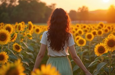 Young woman with dark curly hair walks through a field of sunflowers at sunset. She wears a white t-shirt and green skirt, her arms are slightly outstretched as she enjoys the warm evening light.