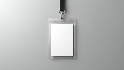 Clear plastic ID holder with blank white insert hangs on black lanyard against plain grey backdrop. Simple accessory serves as empty template for custom branding, identification purposes, suitable