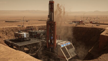 Drilling vertical drill rig and modular platform operating in deep desert pit, with dust plume