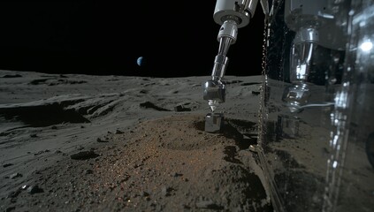 Extending robotic sampling arm pressing sampler into lunar regolith on moon, with lander and Earth
