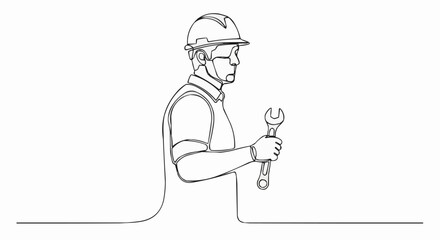 Construction worker holding a wrench in a single line drawing style.