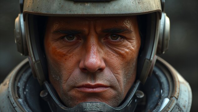 Holding steady gaze, midlife man leaning in cockpit, wearing scuffed helmet and armored collar