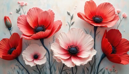 Textured impasto painting displays large red and pink poppy flowers. Realistic thick paint brush strokes create a 3D floral effect. Delicate leaves and buds surround the vibrant blooms for nature art.