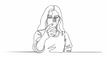 Woman taking selfie with phone in hand, line art illustration.