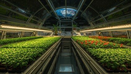 Displaying trays sprouting seedlings along walkway in orbital pod, with LEDs and dome showing Earth
