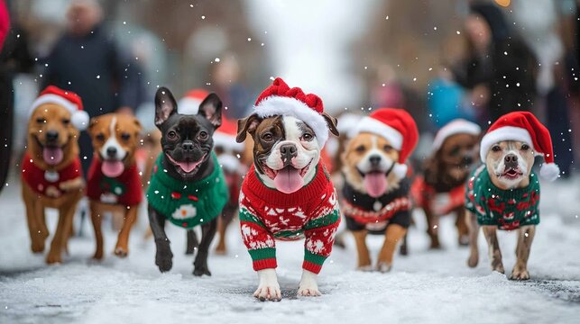 Dog parade with all pets in over-the-top ugly Christmas sweaters .