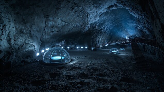 Glowing blue transparent dome pod sitting left of center in underground cavern, with metal walkway - Powered by Adobe