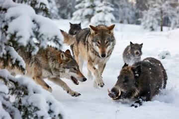 Obraz premium Wolves chasing a wild boar in a snowy forest landscape