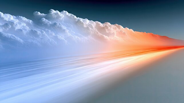 An abstract digital art piece depicting a dramatic sky with fluffy white clouds on the left, transitioning to fiery orange and red light rays on the right, agai