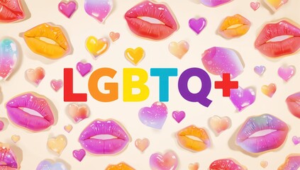Showing central rainbow LGBTQ+ lettering on pale cream background, featuring glossy lips and hearts