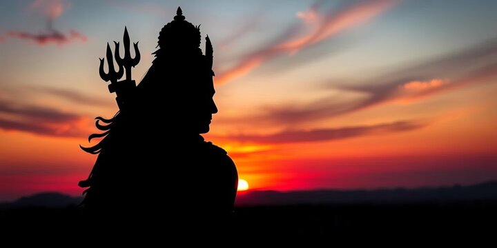 Dark silhouette of Shiva against vibrant sunset hues,   bholenath,   mahadev