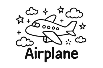 Doodle Airplane Illustration. Doodle airplane with stars, clouds, and sparkles, center word &ldquo;Airplane&rdquo; in black and white isolated