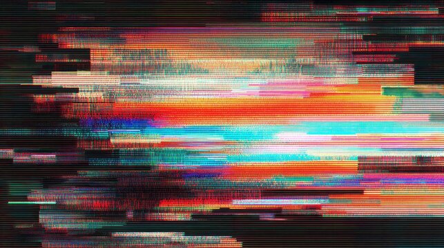 Vibrant digital noise texture displays horizontal data stream corruption across a dark background - Powered by Adobe