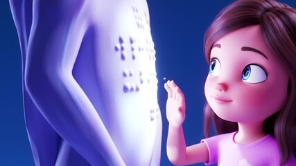 Animated girl touches braille on a mannequin, promoting inclusivity and accessibility.