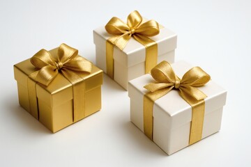 Elegant gold and white luxury gift boxes with golden ribbons, perfect for Christmas, New Year, weddings, birthdays, and festive celebrations. Symbol of generosity, joy, and holiday spirit.