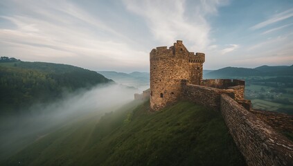 Overlooking crenellated round tower and stone battlement rising on steep grassy ridge, fog drifting