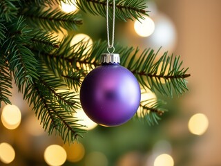 Purple christmas ornament on a festive fir branch with bokeh
