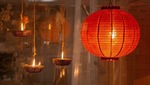 Glowing red lantern right casting warm glow at shop window, with three candle bowls, copy space