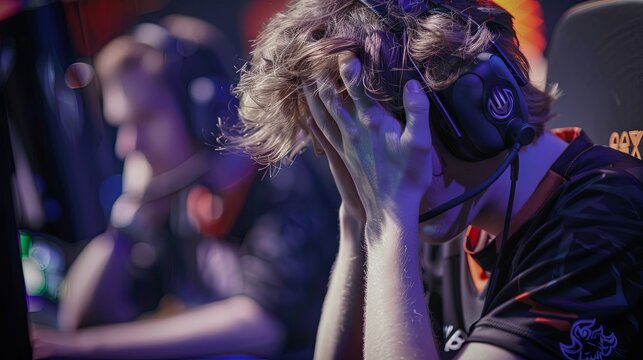 Emotionally intense close-up of an esports player covering their face with their hand during a competitive gaming moment, wearing a headset and illuminated by dramatic arena lighting.