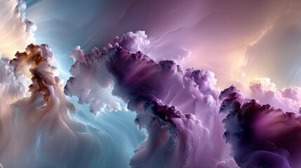 Abstract swirling clouds with vibrant purple, pink, and blue tones, illuminated by a soft golden light from the upper right, creating a dreamlike and ethereal a