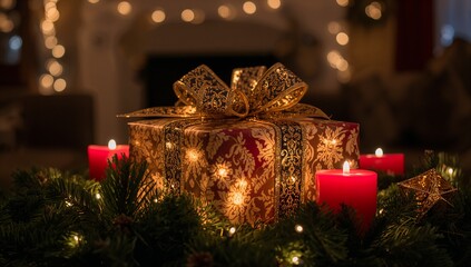 Ornate red-gold gift box with gold-bow sitting on garland at cozy mantel, lit red-pillars and star
