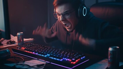 A gamer immersed in a late-night session experiences deep concentration and moments of frustration. The young man is nervous, angry, and slamming his hands on the keyboard