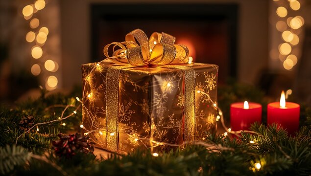 Shining wrapped gift box with gold bow catching fairy lights in front of fireplace amid candles - Powered by Adobe
