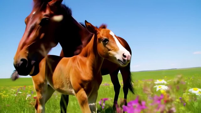 A mare and foal stand in a sunlit field of wildflowers under a clear blue sky