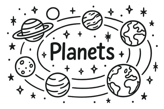 Planetary Alignment Doodle. Doodle planetary alignment with stars, orbits, and sparkles, center word “Planets” in black and white