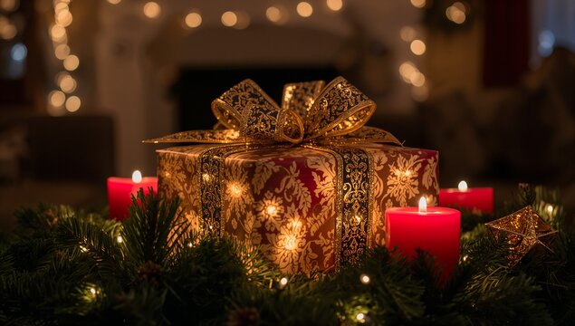 Ornate red-gold gift box with gold-bow sitting on garland at cozy mantel, lit red-pillars and star