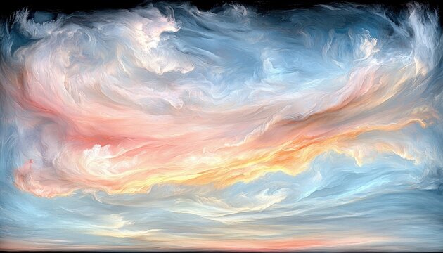 An abstract, painterly depiction of swirling clouds in a sky with pastel colors, suggesting a sunset or sunrise.