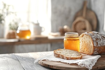 selective focus atmospheric breakfast vignette with bread and jam jars