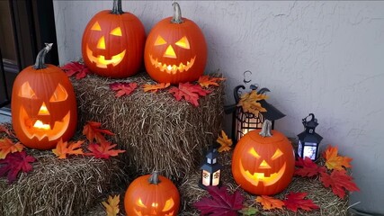 Several lit jack-o'-lanterns rest on hay bales with fall leaves and lanterns, a festive autumn scene