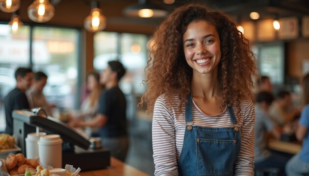 Smiling young woman barista works in busy cafe counter. Customers order food and drinks in background. Fast service quick meal stop with hospitality.