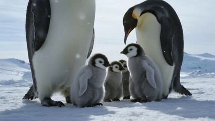Emperor penguins with chicks standing on snow in Antarctic landscape