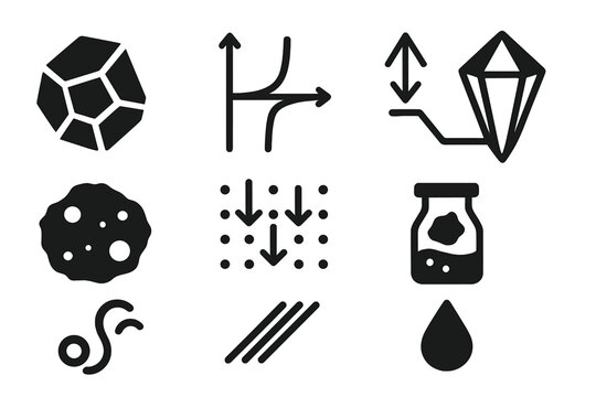Anti-Gravity Materials Icon Set. Solid style icons of anti-gravity materials: exotic alloy sample, negative mass diagram,