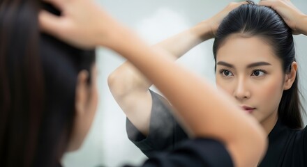 Young asian woman looking into mirror, adjusting her dark hair, getting ready for the day with a focused expression during her daily beauty routine at home