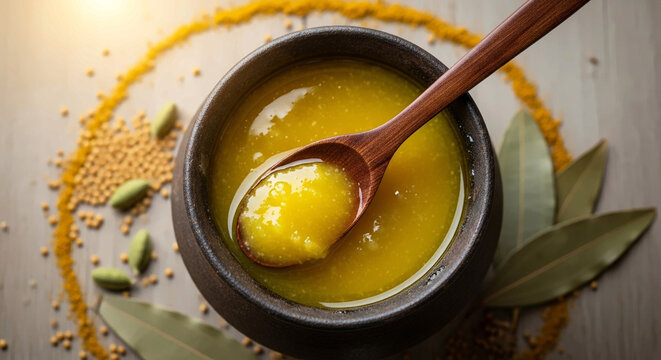 Golden ghee traditional clarified butter in a rustic bowl with a wooden spoon surrounded by aromatic spices