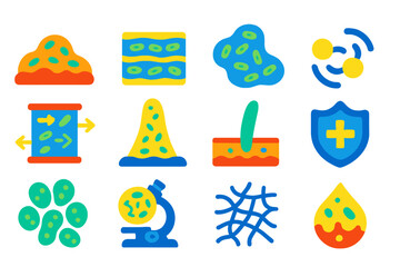 Biofilm Icon Set. Flat vector icons of biofilm communities: microbial mat, layered biofilm, extracellular polymeric substance,