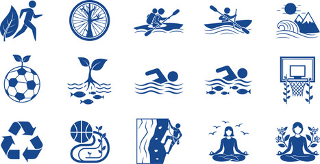 Fototapeta premium Blue silhouette icons for sports and nature on a transparent background running cycling