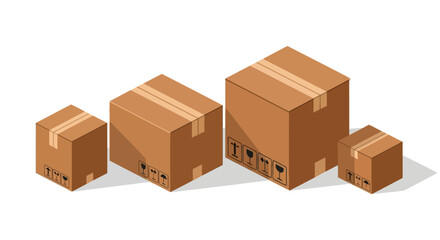 Fototapeta premium Four cardboard boxes of varying sizes are arranged on a white surface, casting shadows, with shipping symbols printed on some.