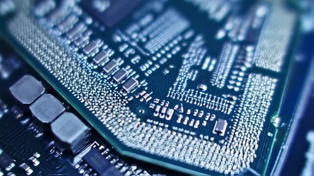 A close-up view of an electronic circuit board with intricate details, small components, and digital patterns