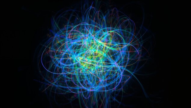 Pulsing central neon light mass looping and radiating against black backdrop, with glowing core