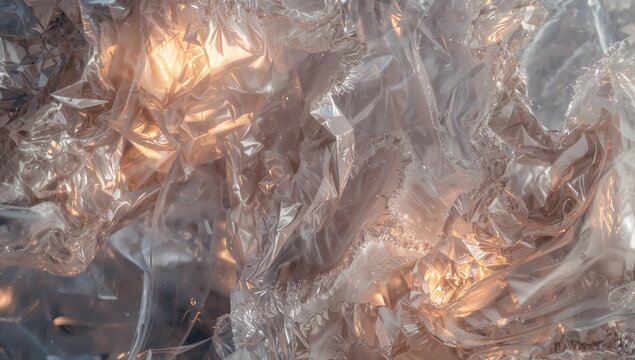 Showing crinkled plastic film folding on studio tabletop macro, with amber highlights and bubbles